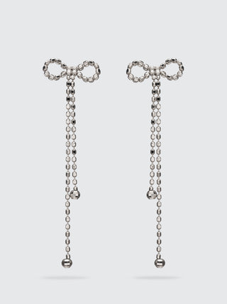 Faceted Bead Bow Tassel Drop Earrings | 18K White Gold